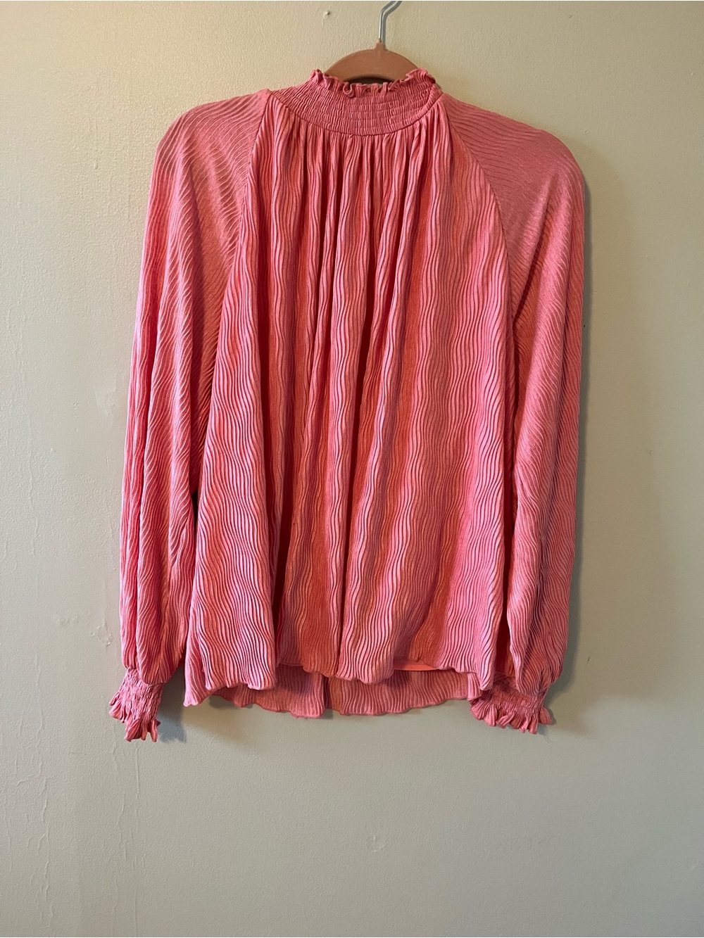 glam Coral-Pink Pleated High-Neck Blouse  Boho-Romantic.  Victorian Influence